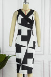 Black Red Street Print Patchwork V Neck Pencil Skirt Dresses