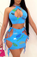Blue Sexy Print Patchwork Halter Sleeveless Two Pieces