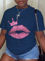Navy Blue Daily Vintage Lips Printed Patchwork O Neck T-Shirts