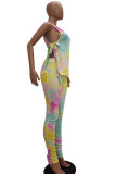 Yellow Blends Casual Print Draped Bandage Zippered pencil Sleeveless Two Pieces