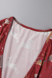 Red Casual Living Print Patchwork V Neck Regular Jumpsuits