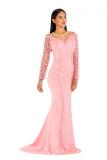 Pink adult Sexy Fashion Sleeve Long Sleeves V Neck A-Line Floor-Length backless Patchwork persp