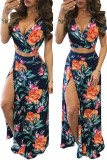 Green adult Street Fashion Two Piece Suits Patchwork Print Split Floral A-line skirt Short Sleev