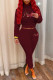 Burgundy Fashion Casual Letter Print Slit Zipper Half A Turtleneck Long Sleeve Two Pieces
