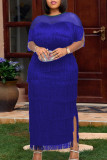 Blue Sexy Formal Solid Tassel Patchwork See-through O Neck Short Sleeve Dress Dresses