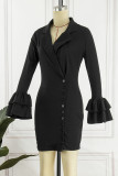 Pink Casual Solid Patchwork Turn-back Collar Long Sleeve Dresses