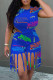 Blue Street Print Tassel Patchwork O Neck Short Sleeve Two Pieces
