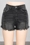Black Blue Denim Zipper Fly Mid Solid washing Old Zippered Straight shorts Bottoms
