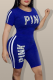 Blue Casual Print Letter O Neck Short Sleeve Two Pieces