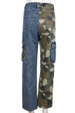 Blue Casual Street Camouflage Print Patchwork Pocket Asymmetrical High Waist Denim Jeans