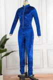 Deep Blue Casual Solid Patchwork Zipper Collar Long Sleeve Two Pieces