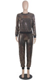 Brown adult Sexy Fashion Two Piece Suits Patchwork Sequin Straight Long Sleeve Two-piece Pants