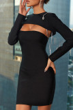 Black Sexy Solid Hollowed Out Patchwork O Neck Long Sleeve Dresses