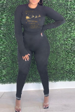Black Street Print Letter O Neck Tops