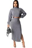 Grey adult Sexy Fashion crop top Patchwork Two Piece Suits Split Solid Hip skirt Long Sleeve