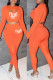 Orange Fashion Casual Letter Embroidery Hollowed Out O Neck Long Sleeve Two Pieces