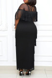 Blue Sexy Formal Solid Tassel Patchwork See-through O Neck Short Sleeve Dress Dresses
