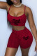 Burgundy Sexy Print Patchwork Backless Spaghetti Strap Sleeveless Two Pieces