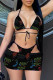 Black Fashion Sexy Letter Print Backless Strap Design Swimwears Three-piece Set