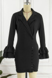Pink Casual Solid Patchwork Turn-back Collar Long Sleeve Dresses