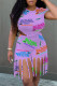Purple Street Print Tassel Patchwork O Neck Short Sleeve Two Pieces