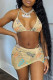 Khaki Sexy Letter Print Backless Halter Sleeveless Two Pieces Swimwear