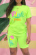 Fluorescent Green Fashion Casual Letter Print Basic O Neck Short Sleeve Two Pieces