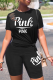 Black Casual Print Hollowed Out O Neck Short Sleeve Two Pieces