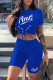 Blue Sexy Casual Letter Print Strap Design O Neck Short Sleeve Two Pieces