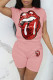 Pink Casual Geometric Print Sequins Pocket O Neck Short Sleeve Two Pieces