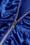 Deep Blue Casual Solid Patchwork Zipper Collar Long Sleeve Two Pieces