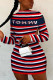 Red Blue Sexy Striped Print Backless O Neck Pencil Skirt Dresses
