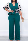 Red Casual Print Polka Dot Patchwork V Neck Straight Jumpsuits