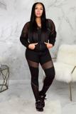 Black adult Sexy Fashion Zippered Two Piece Suits Patchwork Straight Long Sleeve