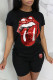 Black Casual Geometric Print Sequins Pocket O Neck Short Sleeve Two Pieces