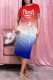 Blue Fashion Casual Gradual Change Letter Print Basic O Neck Short Sleeve Dress