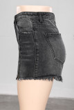 Black Blue Denim Zipper Fly Mid Solid washing Old Zippered Straight shorts Bottoms