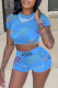 Blue Casual Print Patchwork O Neck Short Sleeve Two Pieces