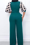 Red Casual Print Polka Dot Patchwork V Neck Straight Jumpsuits