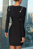 Black Sexy Solid Hollowed Out Patchwork O Neck Long Sleeve Dresses