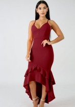 Wine Red ARMY Brief Cute V-Neck Sleeveless Loose Middle length skirt Club Dresses