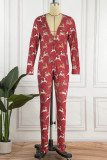 Red Casual Living Print Patchwork V Neck Regular Jumpsuits