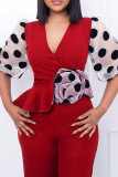 Red Casual Print Polka Dot Patchwork V Neck Straight Jumpsuits