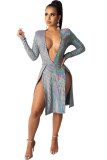 Silver Blend England Cap Sleeve Long Sleeves V Neck Swagger Knee-Length Geometric Patchwork Club Dr