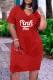 Red Fashion Casual Letter Print Basic V Neck Short Sleeve Dress Dresses