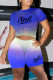 Blue Fashion Casual Gradual Change Letter Print Strap Design O Neck Short Sleeve Two Pieces