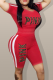 Red Casual Print Letter O Neck Short Sleeve Two Pieces