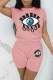 Coral Powder Casual Geometric Print Sequins Pocket O Neck Short Sleeve Two Pieces