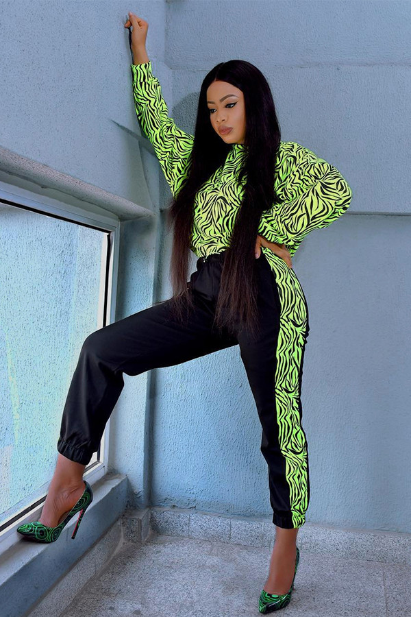 Fluorescent green adult Sexy Fashion Print asymmetrical Patchwork Two Piece Suits Striped pencil Long Sleeve