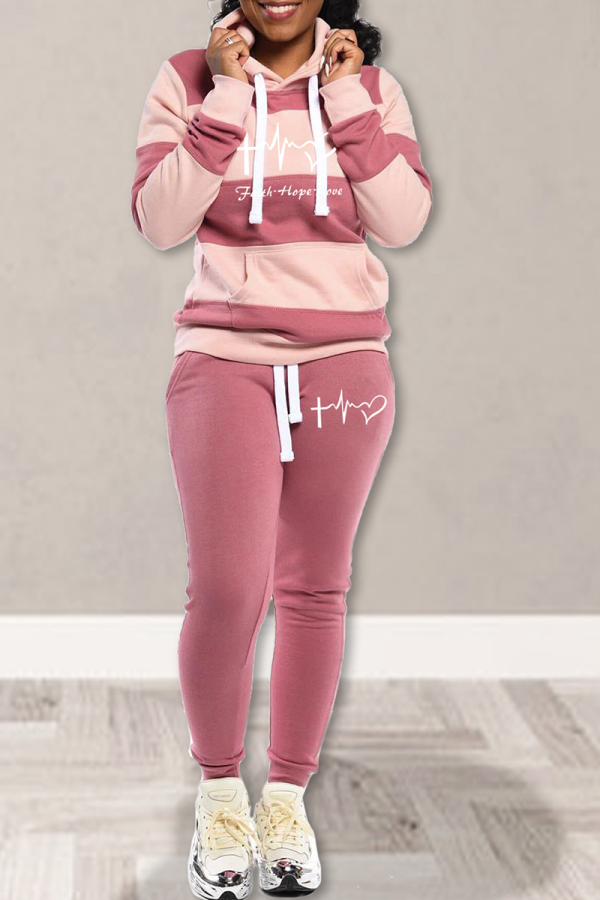 Pink Street Striped Draw String Hooded Collar Long Sleeve Two Pieces